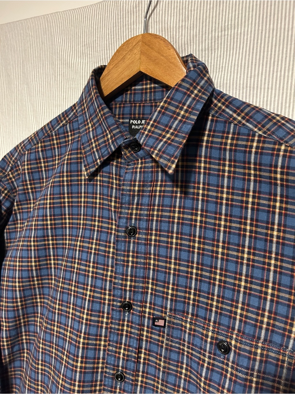 Ralph Lauren Blue Plaid Button-Down Shirt with Orange Accents